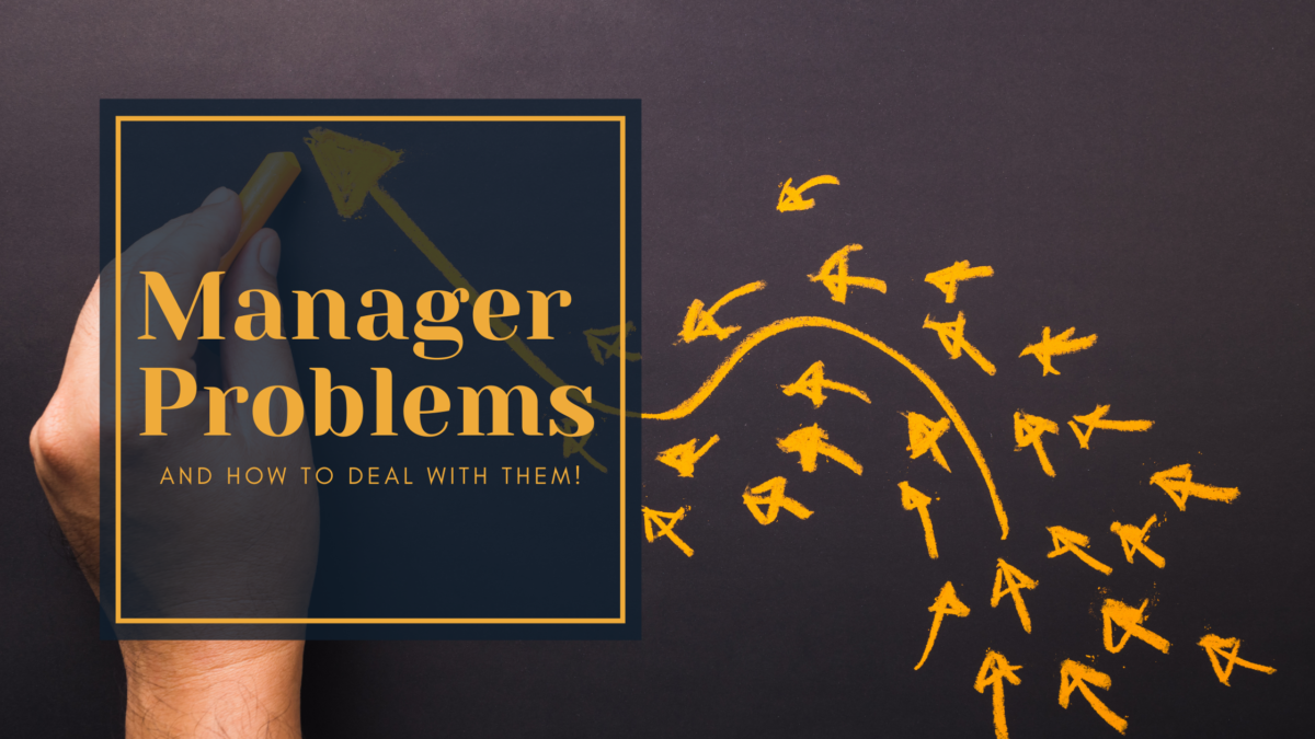 5 manager problems and how to fix them on a yellow background with blue font